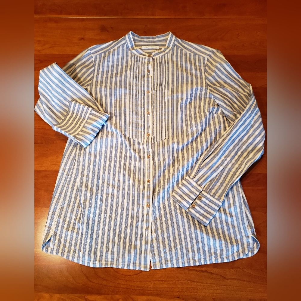 Banana Republic Tuxedo Bib Summer Shirt, Size L, Blue/Tan Stripe